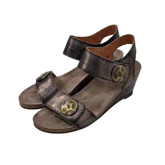 Taos Brown metallic Crackle Leather Adjustable Strap Women Wedge Sandals Size 40 - Picture 3 of 15